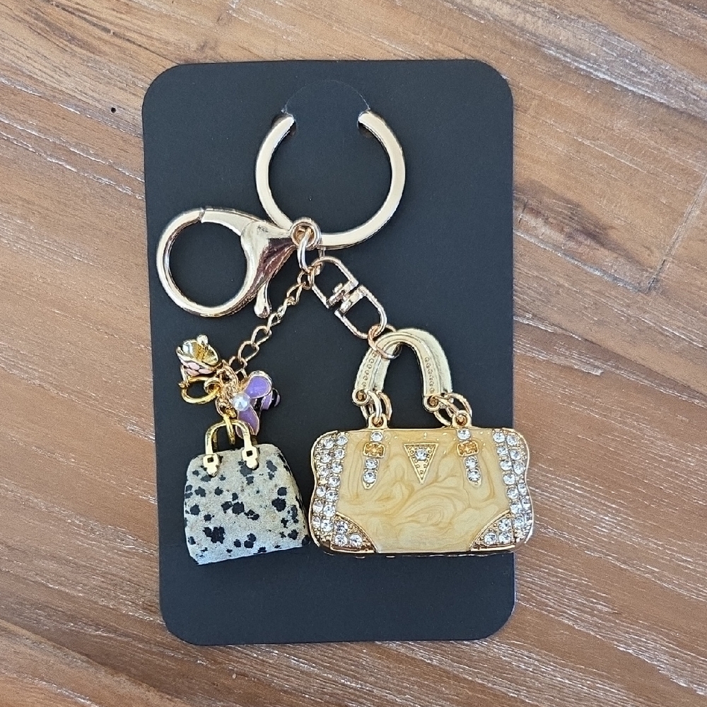 Gold and Tan Purse Keychain with Rhinestones